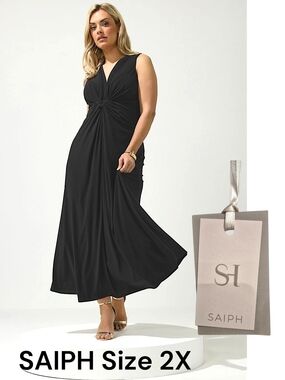 SAIPH 🇮🇹 Shimmer Black Twist Front Pleated Maxi Dress - Size 2X - NWT